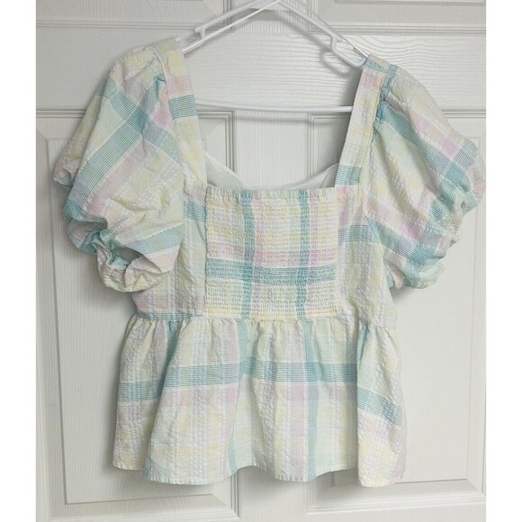 Old Navy Women's Pastel Pink Blue Yellow Puff Sleeve Cropped Top Size XL Ruffle - Picture 2 of 7